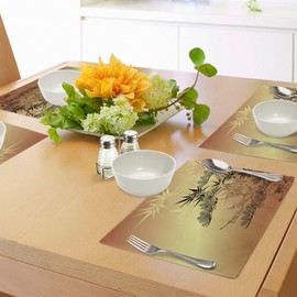 ABAKUHAUS Japanese Place Mats Pack of 8, Branches and Bamboo Motifs with Eye-catching Leaf Nature Illustration, Washable Fabric Dining Room Kitchen Table Decoration Digital Print, Amber Yellow