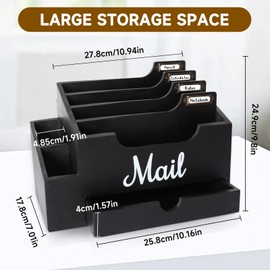 Niciksty Wood Desktop Mail Organizer, Mail Organizer Countertop with 6 Compartments and Drawer, Wood Mail Holder Office Accessories for File Letter Paper Folder, Black