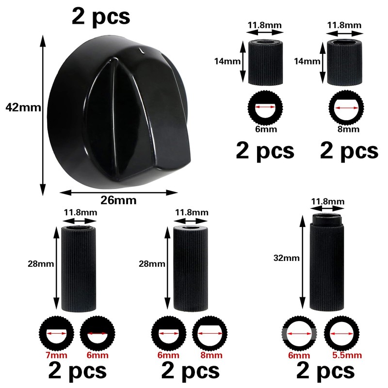 CUIDAKJ Pack of 2 Black Control Knobs with 10 Adaptors