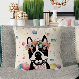 GAGEC Easter Pillow Covers 18x18 Inch Boston Terrier Throw Pillowcase Easter Eggs Home Sofa Bedroom Cushion Case Seasonal Dog Farmhouse Decorations