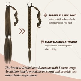 Barsdar Long Braided Ponytail Extension with Elastic Band, Straight Wrapped Braid Hair Extensions, DIY Natural Soft Synthetic Hairpiece for Women, 66 cm