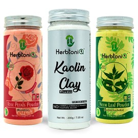 HerbtoniQ 100% Natural Rose Petals Powder 150g, Kaolin Clay Powder 200g, Neem Leaf Powder 150g For Face Pack And Hair Pack (Pack Of 3,500g)