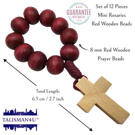 12 Pieces Catholic Finger Rosary Ring Red Wooden Prayer Beads Pocket Rosary with Cross One Decade Mini Rosaries in Bulk for Baptism Party Favors Religious Gifts