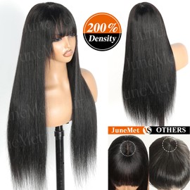 Junemet Human Hair Wig with Bangs Wear and Go Glueless Bone Straight Closure for Black Women 2X4 Lace Front Wigs Human Hair Brazilian Glueless Black Wig with Fringe Human Hair Wig 20 Inch