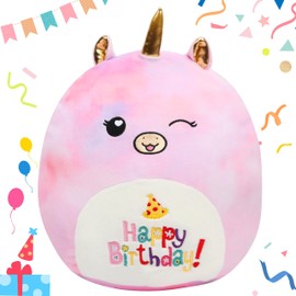 Mushymallow 12” Birthday Unicorn Happy Birthday Plush Pillow Soft Stuffed Animal Cute Unicorn Plush Toy Birthday Gifts for Kids