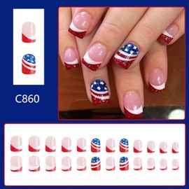 Independence Day Press on Nails Short Square Red Glitter French Tip Fake Nail with Star Designs 4th of July Patriotic False Nails Acrylic Glue on Nail Full Cover Stick on Nail for Women 24 Pcs
