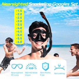 Nearsighted Snorkel Gear, Nearsighted Snorkel Mask Nearsighted Snorkel Set for Adult Youth, Shortsighted Diving Mask & Dry Top Snorkel with Detachable Camera Mount for Scuba Diving, Snorkeling
