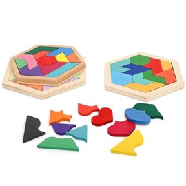 Yopay 6 Pack Wooden Tangrams Puzzles for Kids, 6 Styles Brain Teaser Hexagon Puzzle Block Geometric Shapes Jigsaw 3D Logic IQ Game
