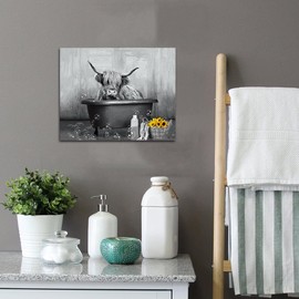 Highland Cow Wall Art Canvas Print Black and White Highland Cow in Bathtub Farmhouse Bathroom Wall Decor Longhorn Picture Stretched and Framed 16x20inch