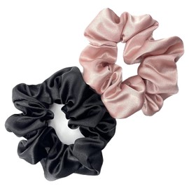 Silk Hair Scrunchies, Mulberry Silk Hair Ties for Breakage & Crease Prevention, Elastics Bows Ropes Hair Accessories for Ponytail Holders Women and Girls, 2Pack（Black,Pink)
