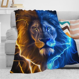 SARA NELL Lion Blanket Gifts, Cool Fire and Ice Lightning Lion Throw Blanket, Lion Gifts for Men Women Teens Kids, Lion Gifts for Daughter Son Dad Brother, Unique Animal Print, Blue Black,60"x50"