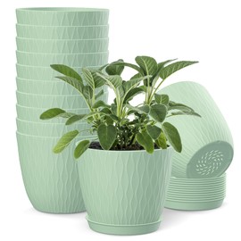 Olisx 6 inch Plant pots, 12 Pack Modern Plastic Planters with Drainage Holes and Saucers for Repotting Indoor Plants and Flowers, Green