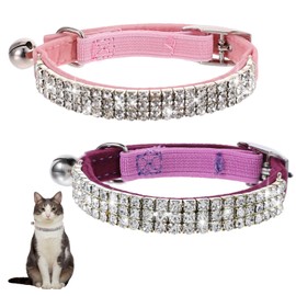2Pcs Kitten Collar with Bell, Cute Rhinestone Pet Collar Sparkling Cat Collar Soft Puppy Collar with Bells Breakaway Adjustable Cat Collar Bling Diamante Cat Collar Cat Accessorie for Small Dog Cat
