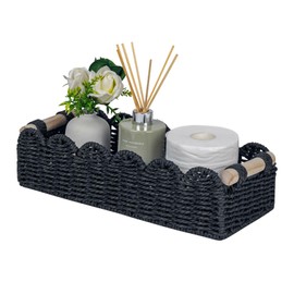 CubesLand Toilet Paper Storage Basket Scalloped Edge Home Decor Basket, Living Room Cozy Decor, Paper Rope Small Baskets for Over Toilet Storage Shelf, End Table, Shelves, with 2 Wooden Handles, Black