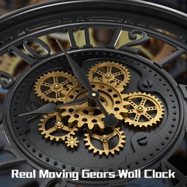 Tottshak Real Moving Gears Wall Clock Large Modern Metal Clocks for Living Room Decor, Industrial Steampunk Vintage Rustic Decorative Clock for Home Farmhouse Office (Black Gold, 21 Inch)