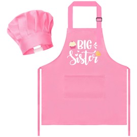 R HORSE Kids Apron and Chef Hat Set - 2Pcs Pink Big Sister Adjustable Children Kitchen Apron, Dress up Role Play Chef Toy Cooking Baking Painting and Training Kit for Girls Funny Cooking Birthday Gift