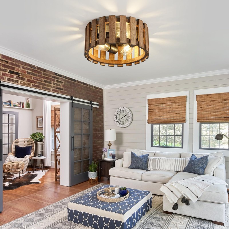 3-Light Rustic Flush Mount Light Fixture, 12.2 Inch Farmhouse Wood