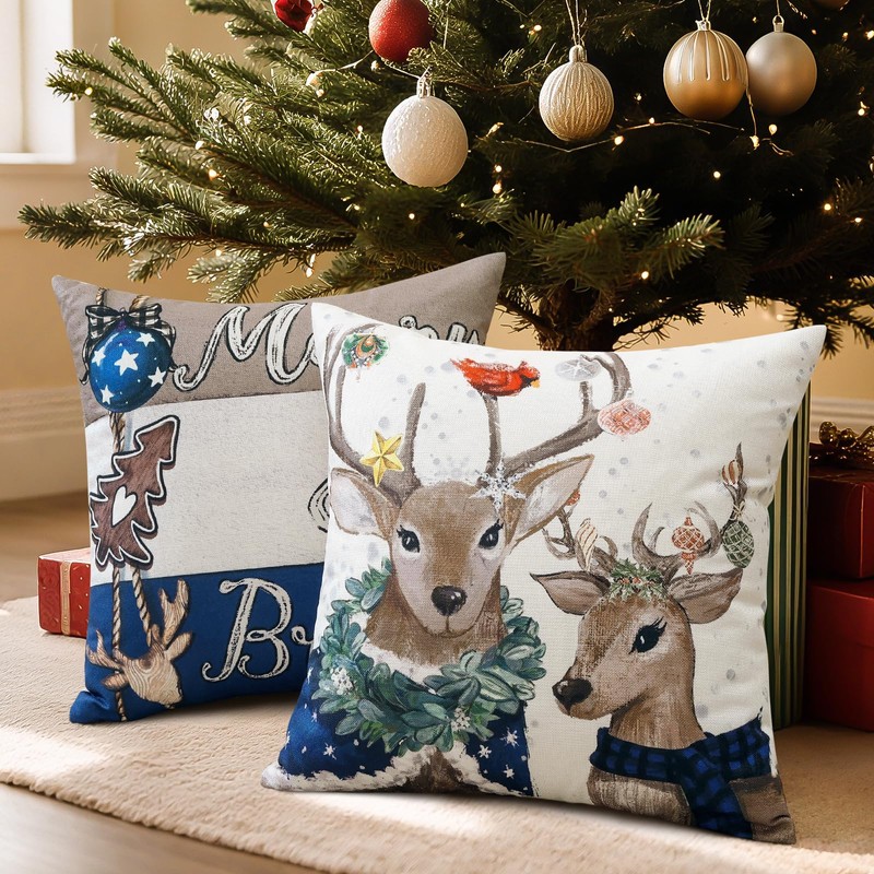 Christmas Throw Pillow Covers 16x16 Inch Set of 4, Merry