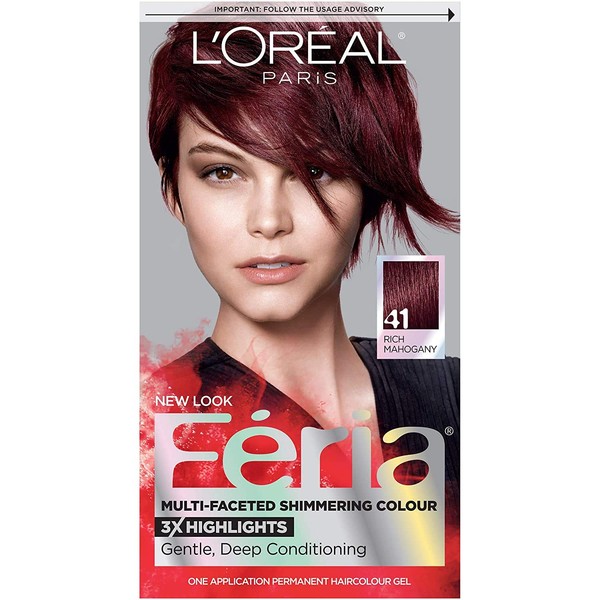 L'Oreal Paris Feria Multi-Faceted Shimmering Permanent Hair Color, 41 Crushed Garnet (Rich Mahogany), Pack of 1, Hair Dye