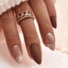 Medium Press on Nails Almond Fake Nails with Marble Lines Designs Fall Nails Press ons Matte Glue on Nails Brown Acrylic Nails Daily Wear Nature False Nails Winter Stick on Nails for Women 24Pcs