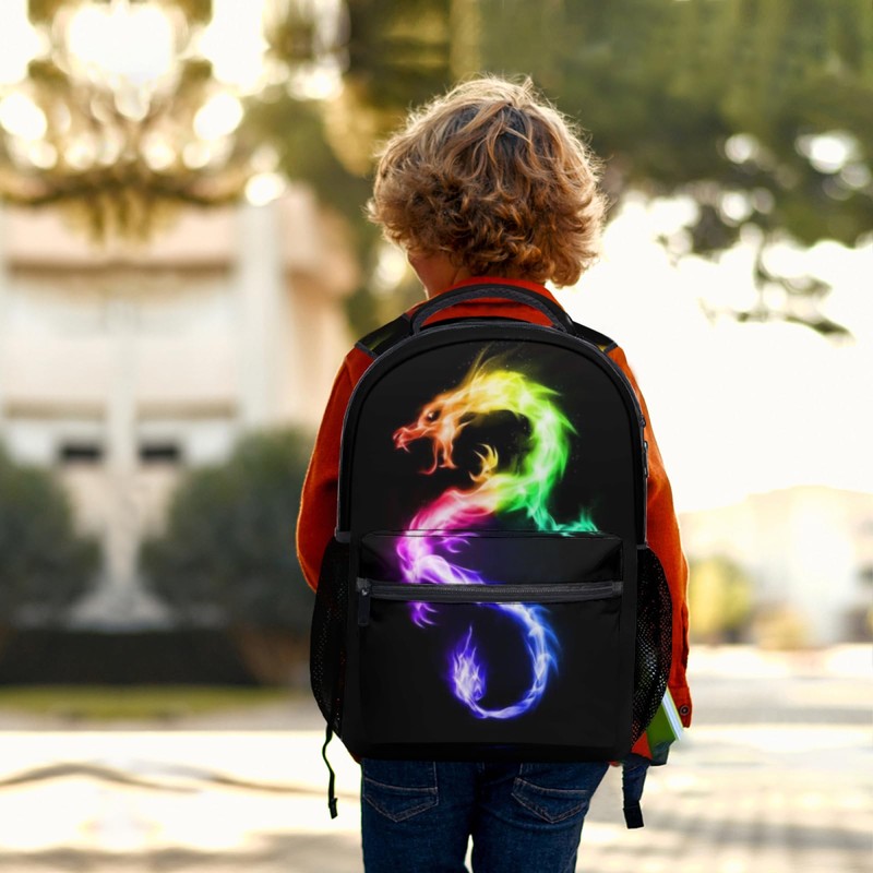 Anyako Fire Rainbow Dragon Black School Backpack, Kids bag for