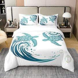 100% Organic Cotton Sea Turtle Queen Bedding Set,Teal Blue Tortoise Duvet Cover,Nautical Coastal Sealife Comforter Cover,Reptile Ocean Beach Theme Bedspread Cover With 2 Pillowcases,Bedroom Decor