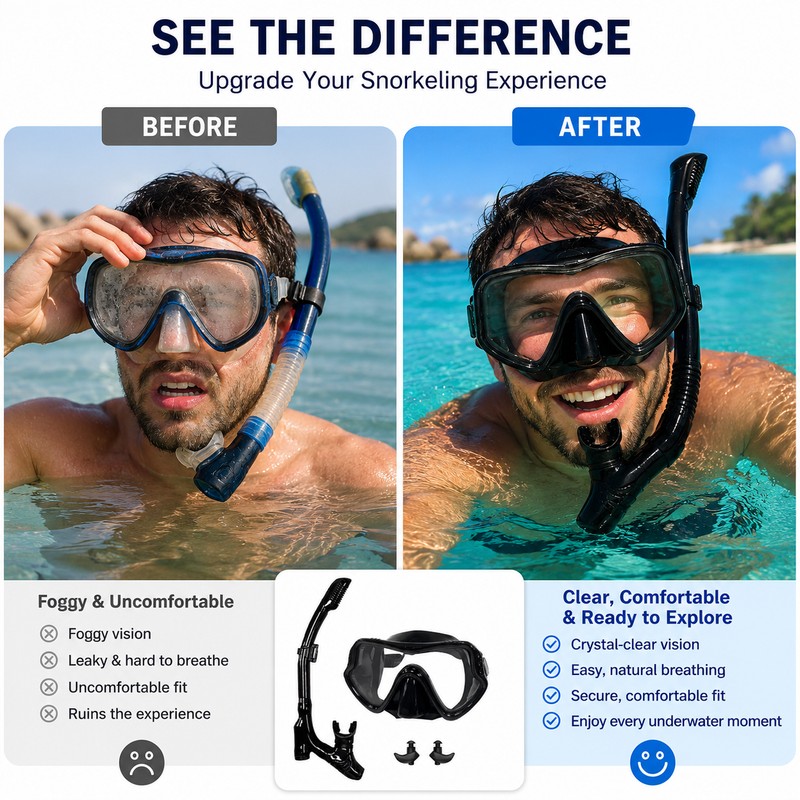 Snorkel Mask Set for Adults – Tempered Glass Diving Goggles