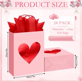 Teling 24 Pcs Valentines Day Gift Bags with Tissue Paper Metallic Heart Goodie Bags with Handles for Valentine Gift Wrapping Anniversary Dating Gift Exchange, 9 x 7 x 3.15 inches(Pink, Red)