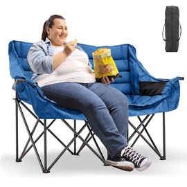 Lilypelle Oversized Double Camping Chair, 2 Person Camping Chair Loveseat, Heavy Duty Padded Camping Couch, Portable Folding Chair w/Carry Bag Steel Frame for Camp Lawn Picnic Sports - Color: Blue