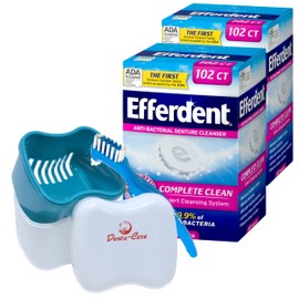 Efferdent Denture Cleanser Complete Clean 204 Tablets Bundle with Dentu-Care Denture Cup Case Bath With Basket Lid and Dentu-Care Denture Brush for Maintaining Good Oral Care for Full Partial Dentures