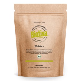 Hawthorn Leaves and Flowers Organic 100 g - Cut - Crataegus - Hawthorns - Medicinal Plant 2019 - Without Fillers - Bottled and Certified in Germany - Biotiva
