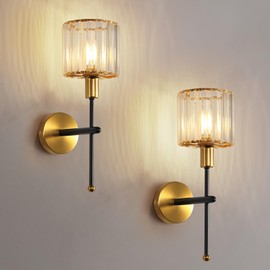 Eustace Vintage Crystal Wall Sconce, Black and Gold Bathroom Vanity Light Fixtures, Hardwired Sconces Wall Decor Set of Two, Indoor Glass Wall Lights for Bedroom, Hallway (2 Packs,E12 Base)