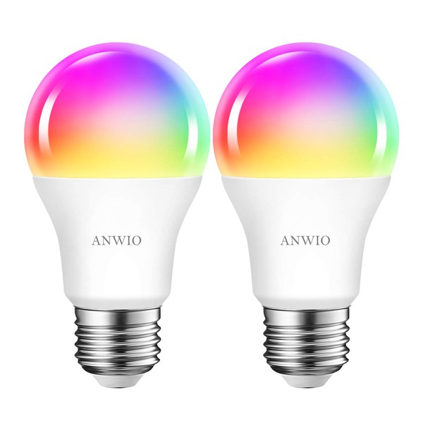 ANWIO 2-Pack Smart Light Bulbs 8.5W (60W Replacement) A19 E26 LED Bulb Work with Alexa, Google Assistant, Smart Life App, Tuya App, Color Changing, No Hub Required