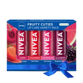 NIVEA Lip Care, Fruity Tinted Lip Balm Variety Pack, Cherry, Strawberry, Blackberry and Watermelon Flavors, 3-in-1 Moisture, Repair and Color, 0.17 Oz Stick, Pack of 4
