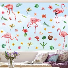 ANHUIB Flamingo Window Stickers Summer Window Clings Tropical Flowers Wall Decals Palm Leaf Wall Sticker DIY Removable Bird Animal Wall Decor for Living Room Kid Bedroom Nursery Pool Beach Party Decor