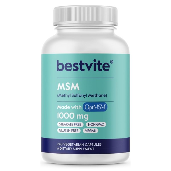BESTVITE MSM 1000mg Made with OptiMSM (240 Capsules) - No Stearates - GMO Free - Gluten Free - Joint Support