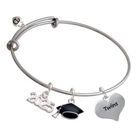 Delight Jewelry Twins Heart with Two Pair of Baby Feet - Silvertone Class of 2025 Graduation Charm Bangle Bracelet