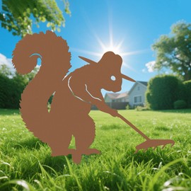 Rustic Raking Squirrel Metal Garden Stake, Funny Patio Decor