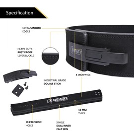 Beast Power Gear Weight Lifting Belt Lever Buckle 10MM 13MM Thick & 4 Inches Free Strap Weightlifting, Powerlifting, Deadlifts, Squats Men Women