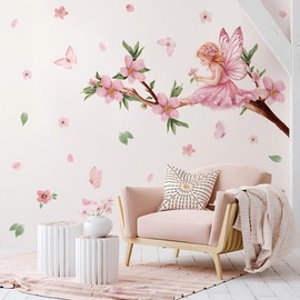 Pink Peach with Fairy Wall Decals for Girls Room, 30x60cm Peel and Stick Tree Branches Peach Blossom Wall Stickers for Kids Room, Nursery,Teen Girls
