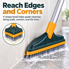 V-Shaped Floor Scrub Brush with Squeegee for Bathroom Cleaning – Long-Handle Hard Bristle Cleaner for Tile Gaps