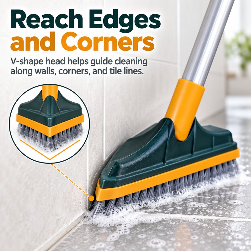 V-Shaped Floor Scrub Brush with Squeegee for Bathroom Cleaning –