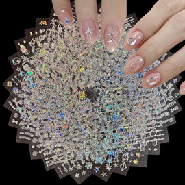 30 Sheets Silver Nail Art Stickers Aurora Silver Star Moon Nail Decals 3D Self-Adhesive Holographic Line Nail Stickers Laser Heart Letter Snowflake Leaf Nail Supplies for Women Girls Manicure DIY