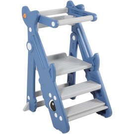 Toddler Learning Tower, Foldable Kids Learning Tower, Adjustable Height Kids Learning Stool for Kitchen, Bathroom, Kids Stool with Non-Slip Foot Pad, Blue