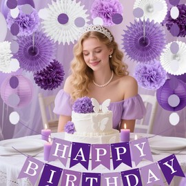 Purple White Lavender Birthday Decorations Purple White Paper Fans Paper Pom Pom Flowers Lanterns Happy Birthday Banner for Women Girls Birthday Party Decor