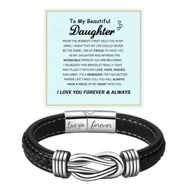 DIOWUS To My Daughter Love You Forever Bracelet, Mother and Daughter Braided Leather Inspirational Wristband Stainless Steel Infinity Knot Engraved Bangle Gift from Mom (Love You Forever)