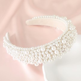 Gmmidea Padded Pearl Headband Thick Beaded Headbands for Women Non Slip Fancy Puffy Headband Pearl Headpiece for Bride Wedding Hairband Hair Accessories Gift B-Beige