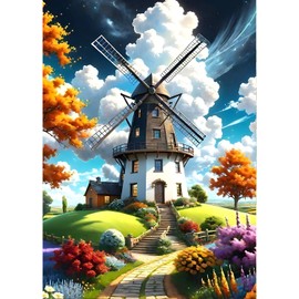 QINRUBB DIY Windmills Diamond Painting Adults, 5D Park Diamond Painting Pictures Beginners, Flowers Round Full Drill Diamond Painting Embroidery Cross Stitch Gifts Home Wall Decor 30 x 40 cm