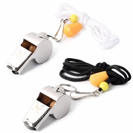 [Votado #1 Silbatos] Paquete de 2 silbatos de calidad superior con cordón negro y blanco. Ideal para profesores, entrenadores de fútbol, deportes, arbitros, seguridad, emergencias y protección!