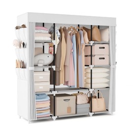VTRIN Portable Closet Wardrobe for Hanging Clothes 57.3 Inch Large Capacity Clothes Rack with Cover, 10 Storage Organizer Shelves, 1 Hanging Rods and 6 Pockets, Free Standing Closet, White